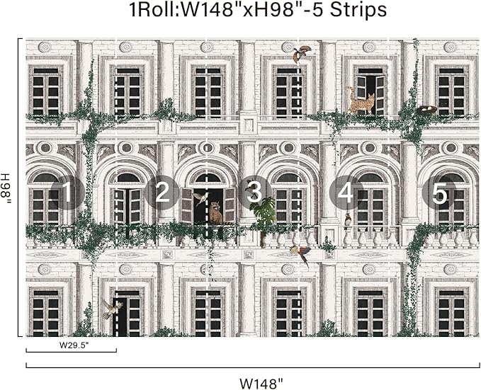 Large 3D Vintage Wall Murals Peel and Stick 148" W x 98" H Black White French Street Wall Mural Building Wallpaper with Animal Birds Canvas Nursery Paper for Living Room Background Bedroom Office