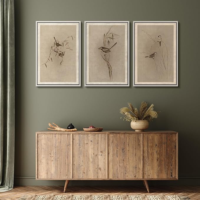 MUDECOR Framed Wall Art Print Set Vintage Bird Wheat Ear Illustrations Modern Art Boho Decorative Colorful Chic for Living Room, Bedroom, Office - 24"x36"x3 White