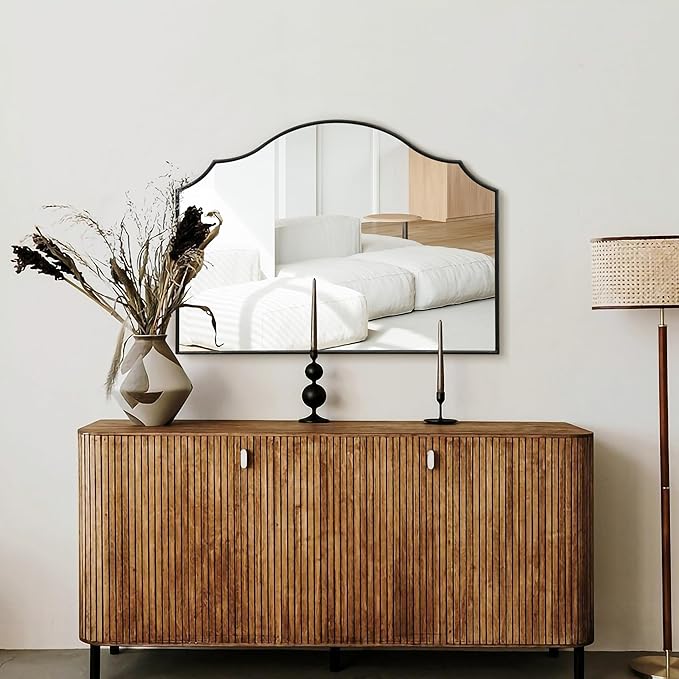 Black Scalloped Arched Mirror: 35"x26" Large Modern Wall Mirror - Minimalist Decorative Dresser Mirrors for Vanity/Bedroom/Fireplace/Living Room/Entryway/Wall Decor
