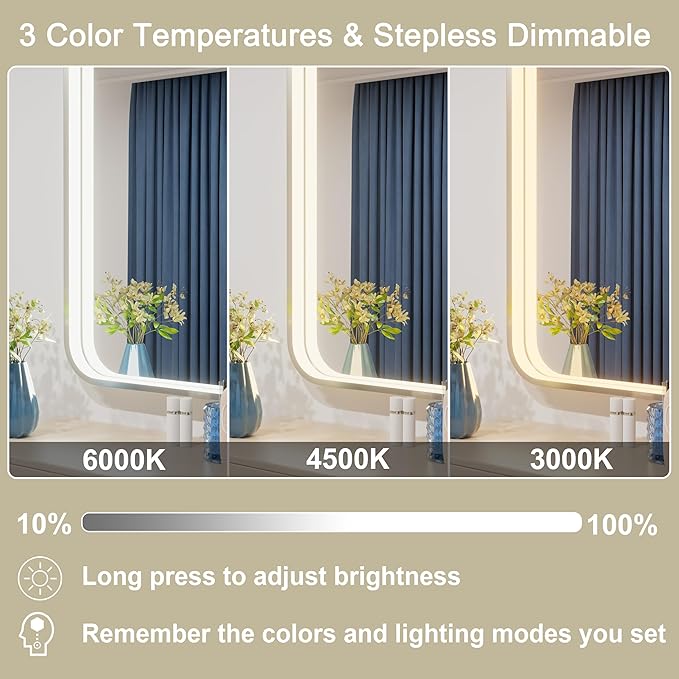 30x36 Inch Silver LED Bathroom Mirror with Lights, Adjustable 3000K/4500K/6000K, Lighted Bathroom Vanity Mirrors, Wall Mounted, Memory Stepless Dimmable, Anti-Fog, Horizontal/Vertical