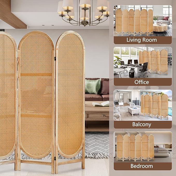 6 Panels Wood Room Divider and Folding Privacy Screens, Hand-Woven Rattan Room Dividers Panel, Room Divider Wall Freestanding Room Partitions Screen for Home Office Bedroom, Light Brown