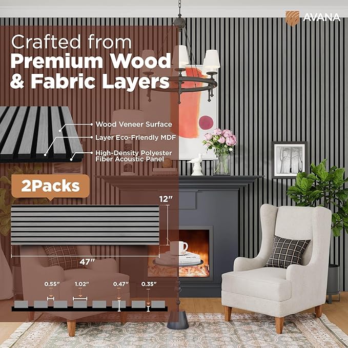 Avana Acoustic Wood Wall Panels – 47.2 X 12.6 Inch Gray Oak Acoustic Panels 2 PCs – Modern Wall Panels For Interior Wall Decor For Homes, Offices, Studios – Sturdy And Durable Wood Panels For Wall