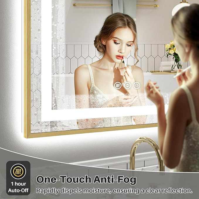 40x36 Inch LED Bathroom Mirror with Gold Frame, Backlit & Front Lit, Anti-Fog Lighted Bathroom Vanity Mirror for Wall, Memory Function, Dimmable, HD Tempered Glass, Shatter-Proof