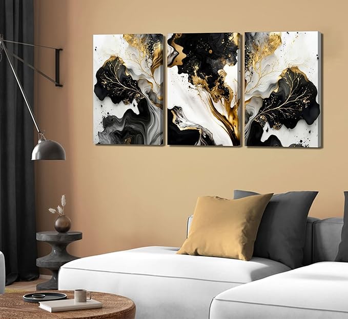 3Pcs Abstract Marble Canvas Wall Art Picture Black White Gold Texture Poster Print Modern Painting Wall Decor for Bedroom Living Room Office 16x24in Framed