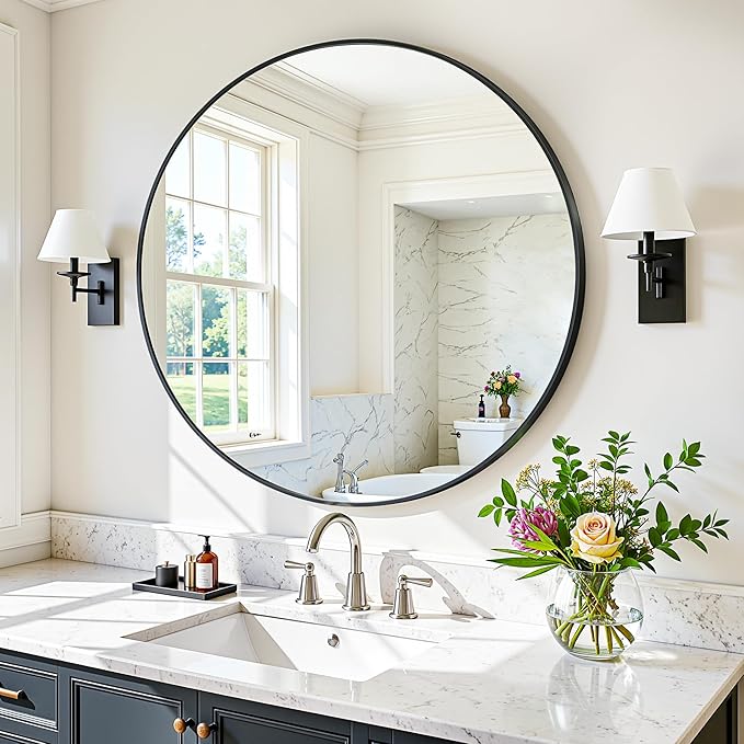 Antok Wall Mirror, 24"x24" Bathroom Vanity Mirror, Anti-Rust HD Tempered Glass, Wall Mounted Mirrors for Living Room, Entryway, Black Frame, Round