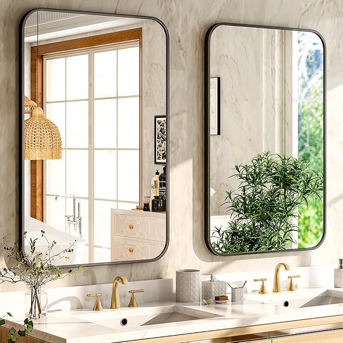 30 x 40 Inch Bathroom Mirror, Rounded Rectangular Vanity Mirror for Wall, Modern Mirror for Room Decor, Black Framed Wall-Mounted Mirrors for Home Decor, Hangs Horizontally or Vertically