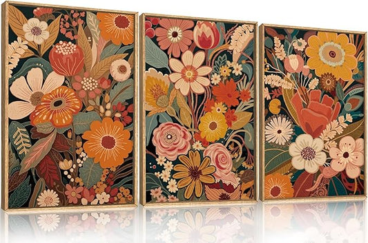 Large Brunt Orange Floral Framed Canvas Wall Art,Colorful Vintage Blossom Wall Decor, Boho Retro Flower Artwork,Mid Century Wildflower Botanical Art Print for Living Room,Bedroom- 16"x24"x3