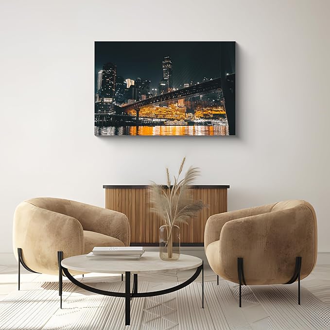NAN Wind 1PCS Chongqing City Nightscape Canvas Wall Art Illuminated Chinese Skyline with Bridge Skyscrapers Modern Urban Landscape Photography Print for Living Room Office Bedroom Decor