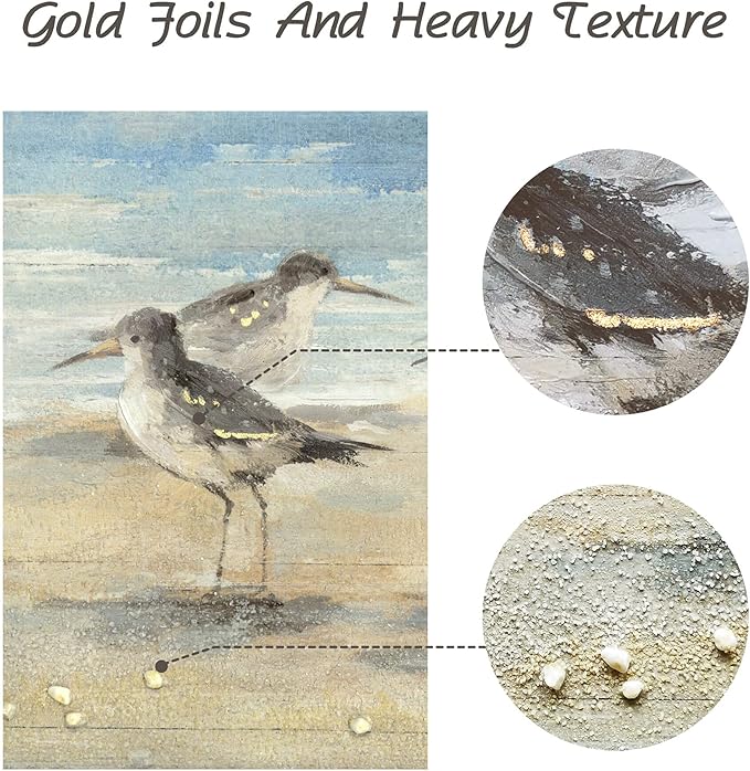 Ocean Framed Painting Wall Decor: 32"x16" Abstract Coastal Wall Art Seagulls Oil Painting Style Seascape Artwork Beach Picture Printed on Wood for Living Room