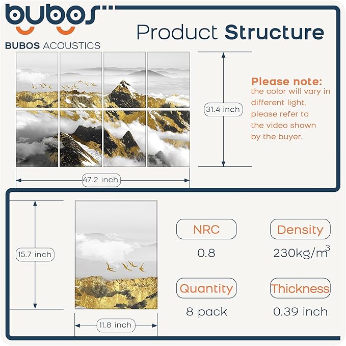 BUBOS 8 Pack Art Acoustic Panels Soundproof Wall Panel,47.2X31.4 Inches Sound Absorbing Panel,Self-Adhesive Decorative Acoustical Wall Panels, Acoustic Treatment for Ceiling Home Office (Mountain)