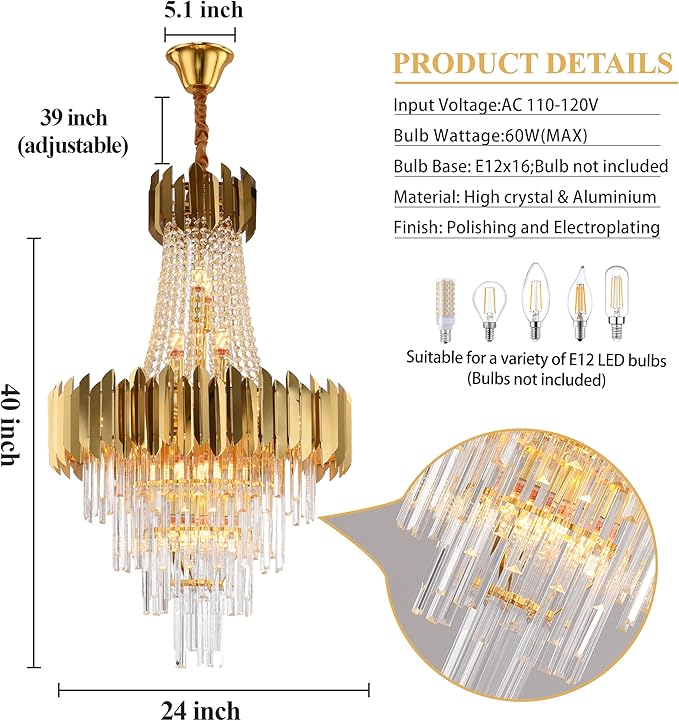 KoKo&Yukina 16-Light Gold Crystal Chandeliers French Empire Crystal Chandelier Gold Modern Farmhouse Chandeliers Light Fixture for Bedroom Hallway High Ceiling Staircase Chandelier D23.6