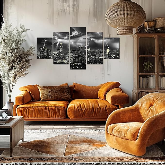 Cawpom Wall Art Los Angeles Black and White Wall Decor Lightning Storm Pictures Frame Storm Cityscape Canvas Print Natural Landscape Painting Poster Home Living Room Decoration(60x32 inches)