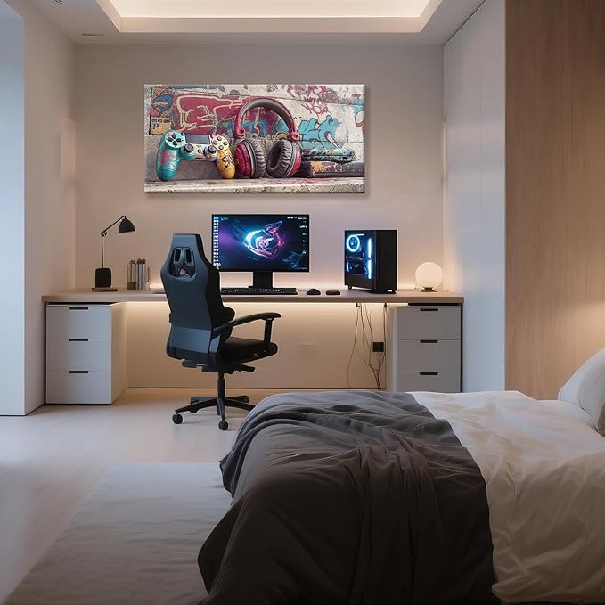 Large Game Wall Art Graffiti Gamepad Earphone Canvas Art Wall Decor Print Pictures For Bedroom Cool Video Gaming Poster Print Painting Room Decor For Boys Playroom Home Wall Decor Artwork 29"X 58"