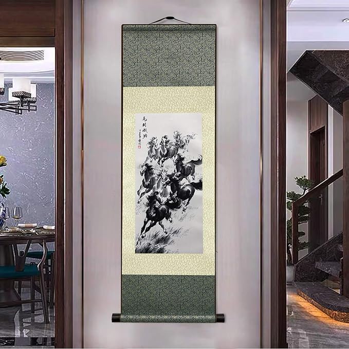 AtfArt Asian Wall Decor Beautiful Silk Scroll Painting Horse to Success - Win Instant Success Oriental Decor Chinese Art Wall Scroll Wall Hanging Painting Scroll (36.2 x 12 in)