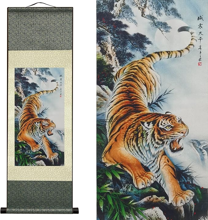 AtfArt Asian Wall Decor - Beautiful Silk Painting Animal - Tiger King Deterrence - Oriental Decor Chinese Art Wall Scroll (36.2 x 12 in)