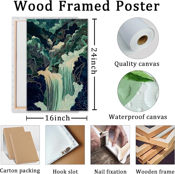 Mountain River Wall Art Japanese Waterfall Painting Abstract Forest Art Poster Blue And Green Abstract Canvas Japanese Style Print Blue And Green Landscape Wall Art Waterfall Artwork 16x24in Framed