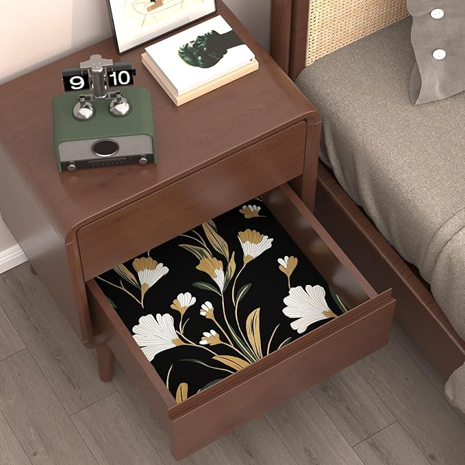 Black Gold Peel and Stick Wallpaper White Floral Contact Paper 17.5in x 118in Dark Vintage Plants Lines Flower Self Adhesive Waterproof Removable for Room Shelves Cabinet Drawer Table Decor