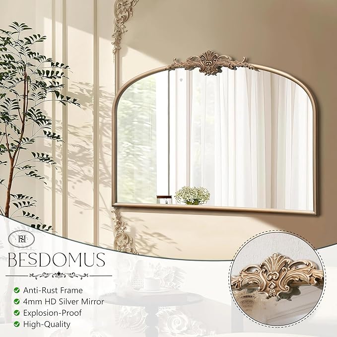 Arched Vintage Gold Mirror: 32"x24" Large Champagne Gold Antique Wall Mounted Mirror - Baroque Traditional Ornate for Fireplace/Bathroom/Living Room - Christmas Idea Gifts for Women