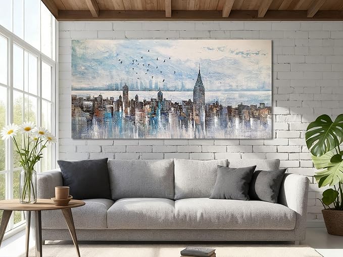 Arjun Cityscape Wall Art New York City Skyline Picture Modern Abstract Grey NYC Skyline City Painting Framed Artwork for Bedroom Living Room Home Office Decor, Extra Large 58"x29"