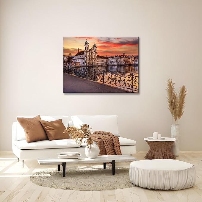 Mordern 1Pcs European Cityscape Canvas Wall Art Scenic Sunset Over River Cathedral with Domes Ready to Hang Architecture Romantic Travel Destination Decorative Framed Artwork for Living Rooms Bedrooms