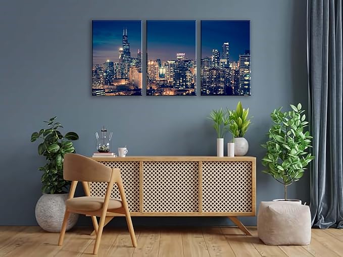 NAN Wind Modern Canvas Painting Chicago Skyline at Night Wall Art Cityscape Picture Print on Canvas Blue City Cool Building Giclee Artwork for Home Office Living Room Bedroom Decoration Framed