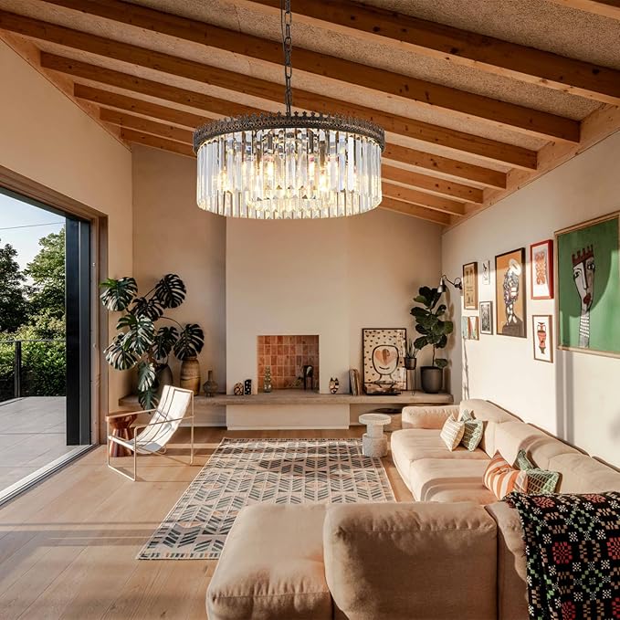 6-Light Crystal Chandelier, 21.6" Modern Farmhouse Crystal Light Fixture, Vintage Antique Bronze Round Hanging Lighting Fixture for Dining Room Foyer Living Room Entryway