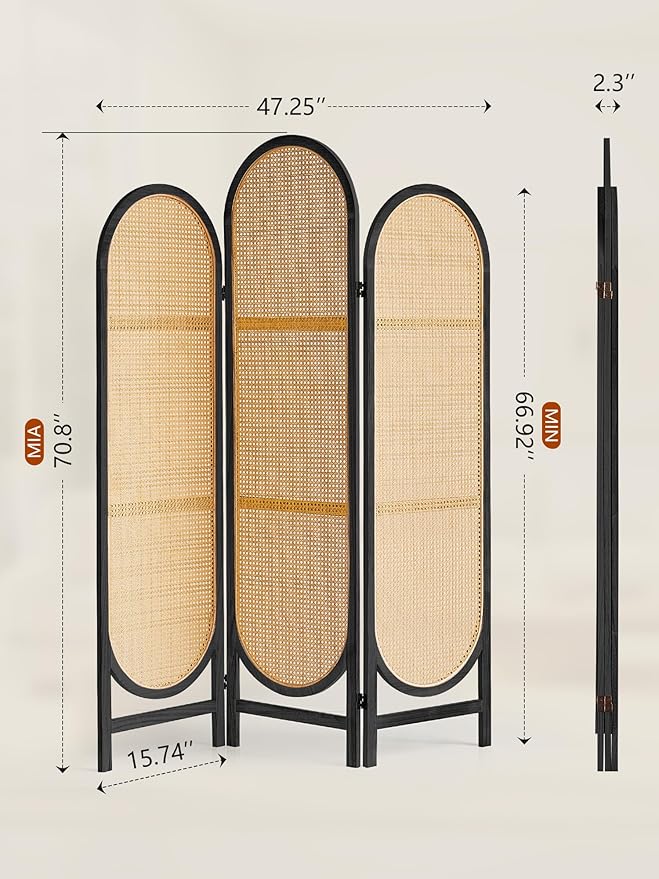 3 Panel Folding Room Divider, Hand-Woven Rattan Room Dividers and Folding Privacy Screens with Bi-Directional Hinge, Pre-Assembled Partition Room Dividers for Home Office Bedroom Restaurant, Black