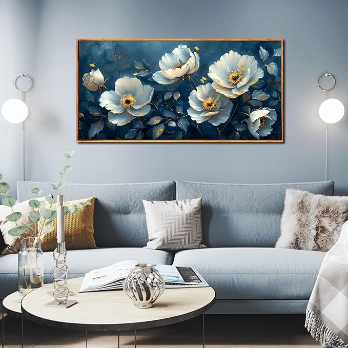 Ouzzlie White Floral Canvas Wall Art for Bedroom Large Blue Wall Decor Plant Picture Artwork 24" x 48"