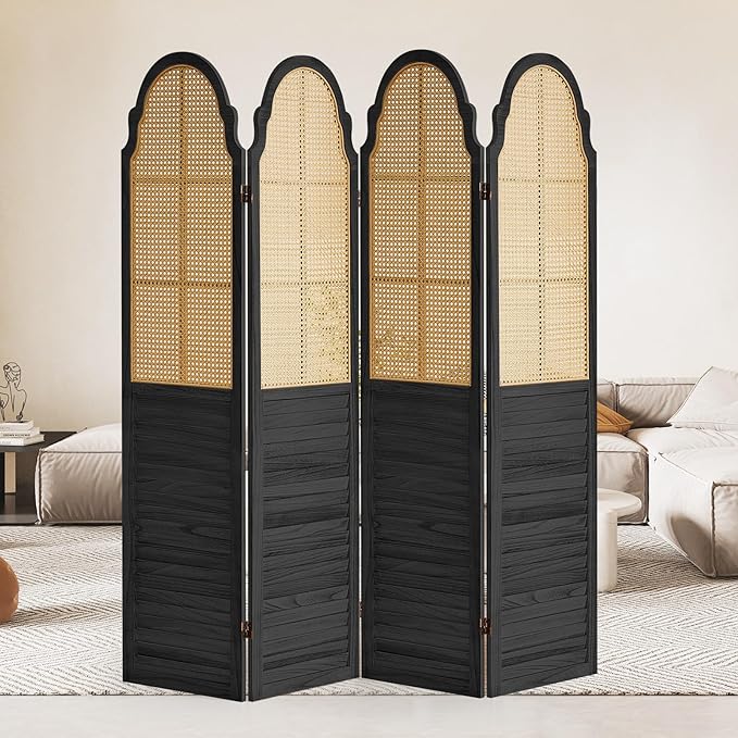 4 Panel Rattan Room Divider Panel, 5.6Ft Partitions and Dividers, Louvered Partition Divider, Room Dividers Screen, Solid Wood Frame, Folding Screen, Bedroom, Family Room, Black