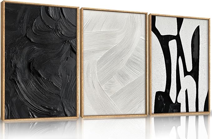 Black and White Abstract Framed Canvas Wall Art Set, Modern Textured Brushstroke Wall Decor,Neutral Minimalist Line Art Print for Living Room,Bedroom,Dining Room, Office-24 x36 x3