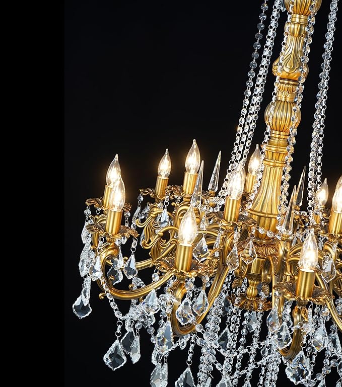 Modern Crystal Chandelier Lighting, Antique Gold Chandeliers for High Ceiling Foyer Entryway Living Room 15-Light Large Crystal Candle Light Fixture Staircase Oversize Round H54 D32