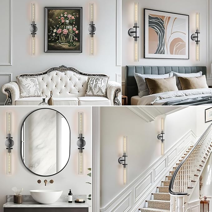 Black Wall Sconces Set of Two, 30" Modern Wall Lighting, Double Lights with Clear Glass Tubes, Knurled Vanity Light for Bathroom, Living Room, Bedroom, Hardwired (Including Bulb)