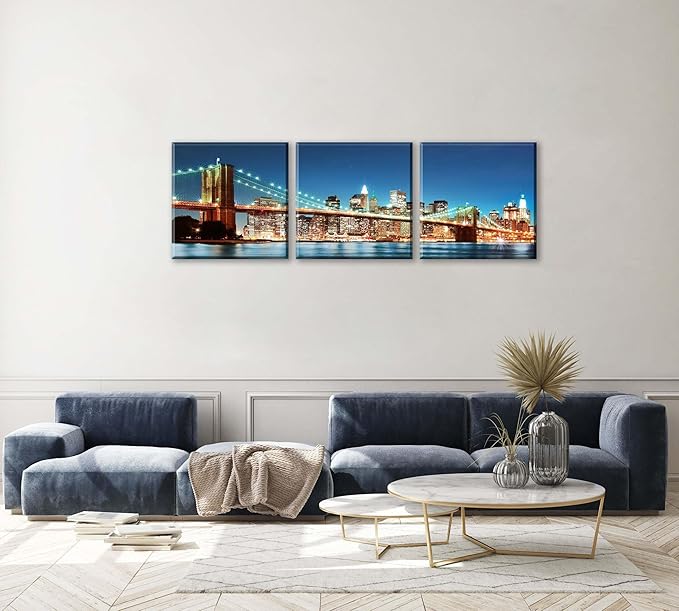 NAN Wind 3PCS Brooklyn Bridge Canvas Art Illuminated NYC Skyline with City Lights Wall Decor Modern Manhattan Night View Panoramic Prints Contemporary Water Reflection Canvas Set for Living Room