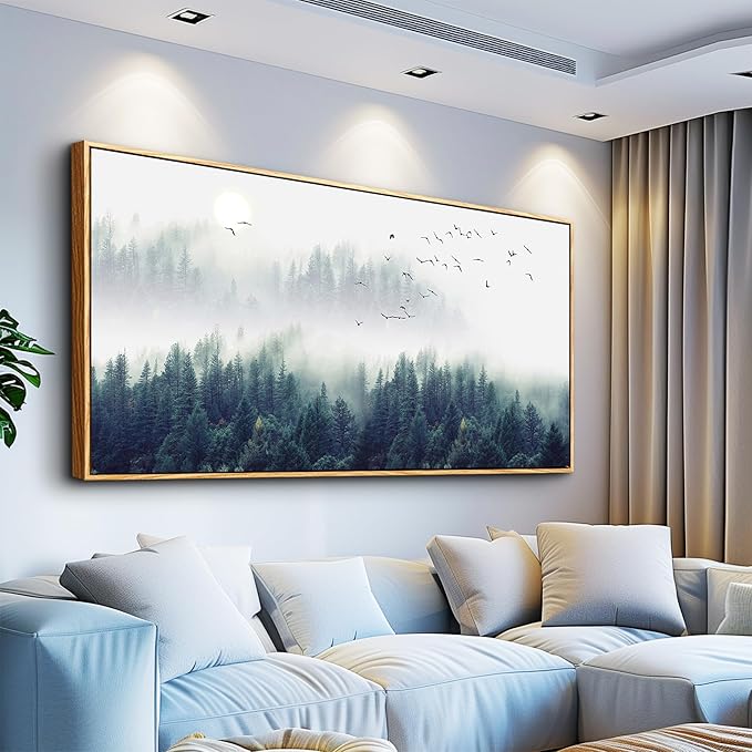 MHARTK66 Large Size Wall Art For Living Room Wood Framed Canvas Wall Decor For Bedroom Foggy Forest Trees Landscape Painting Wall Decorations Modern Home Decor Canvas Pictures Artwork 30" X 60"