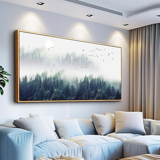 MHARTK66 Large Size Wall Art For Living Room Wood Framed Canvas Wall Decor For Bedroom Foggy Forest Trees Landscape Painting Wall Decorations Modern Home Decor Canvas Pictures Artwork 30" X 60"
