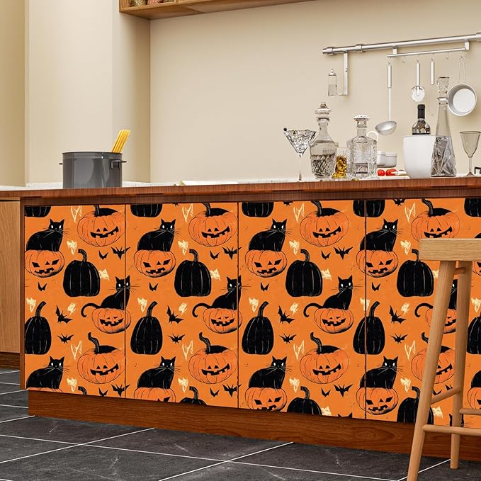 Cat Peel and Stick Wallpaper Boho Pumpkin Contact Paper Orange Floral Removable Self Adhesive Waterproof Wall Paper for Cabinet Drawers Wall Decor Renter Friendly 17.5''x118''