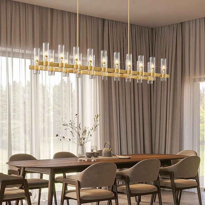 Brass Rectangle Kitchen Island Lights, Farmhouse Linear Rectangular Chandelier with Glass Shades, 20 Lights Gold Lighting Fixtures Industrial Pendant Light for Dining Room Over Table