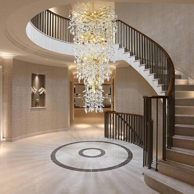 47'' Long Crystal Chandelier for High Ceiling, 25-Light Modern Gold Tree Branch Chandelier, Large Chandeliers for Staircase Foyer Entryway Living Room, 4-Tier Luxury K9 Raindrop Light Fixture- Upgrade