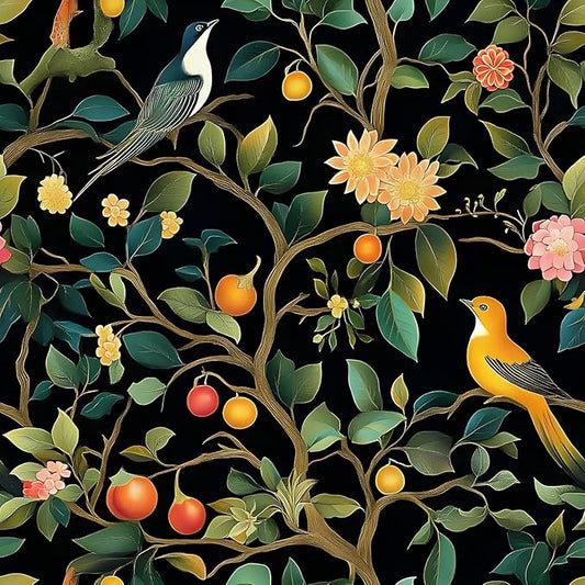 Colorful Floral Animal Wallpaper Self Adhesive Peel and Stick Black Watercolor Vivid Botanical Bird Fruit Leaf Contact Paper Removable Waterproof for Bedroom Renter Friendly 17.71"x118.1"