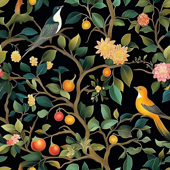 Colorful Floral Animal Wallpaper Self Adhesive Peel and Stick Black Watercolor Vivid Botanical Bird Fruit Leaf Contact Paper Removable Waterproof for Bedroom Renter Friendly 17.71"x236.2"