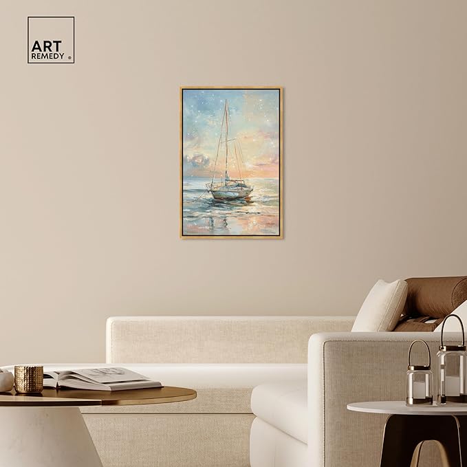 Art Remedy Boat On The Shore Framed Sailing 1 Piece Canvas Wall Art, 25.5" x 37.5", Gold Frame