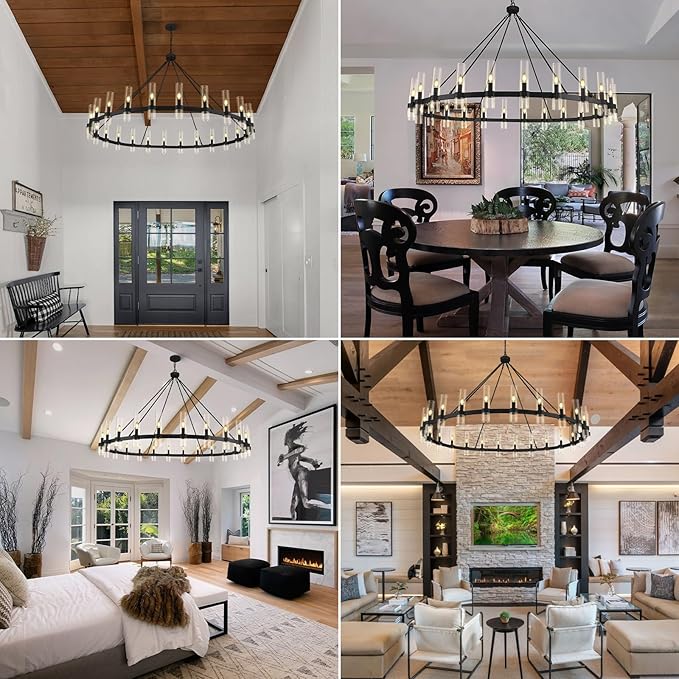 Black Wagon Wheel Chandelier 70 Inch, Large Chandeliers for High Ceilings, 24-Light Chandelier with Glass Shade, Modern Farmhouse Chandeliers for Living Room, Dining Room and Foyer(24 Bulbs Included)