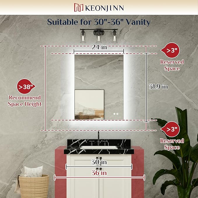Keonjinn 24 x 32 Inch LED Bathroom Mirror with Backlit, Anti-Fog, CRI90+ HD Stepless Dimmable Mirror, High Lumen, Horizontal/Vertical Wall Mount, UL Listed Lighted Mirror, Waterproof