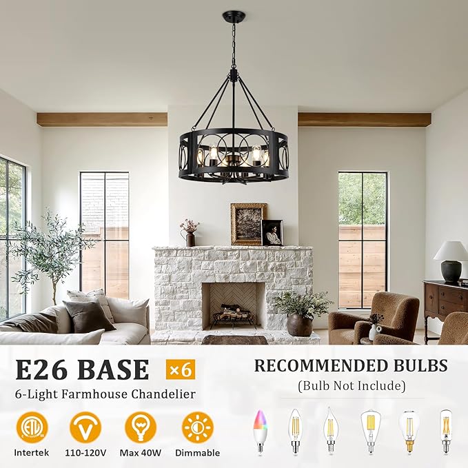 Modern Farmhouse Chandelier, 6-Light Black Chandeliers for Dining Room, 21.6'' Rustic Adjustable Pendant Lights Drum Light Fixture for Entryway Living Room Foyer Kitchen Island Bedroom, E26