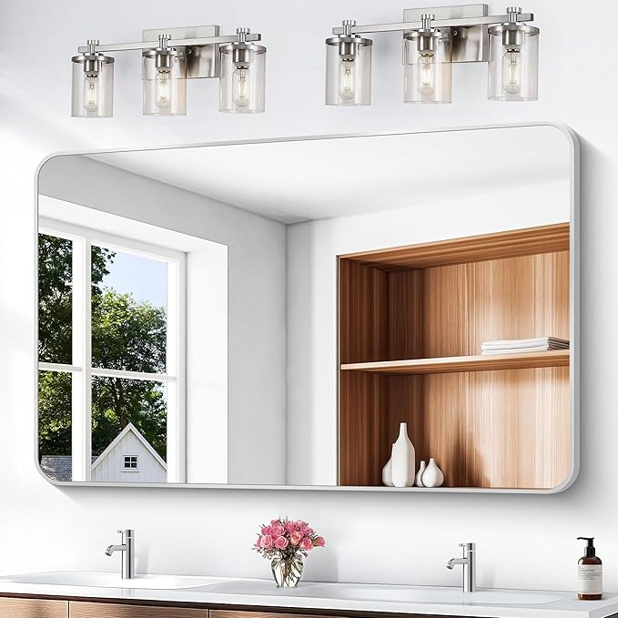 BONEWEI Silver Bathroom Mirror,55x36 inch Wall Mirror for Bathroom Wall Mounted,Rectangle Mirror for Bathroom Over Sink,Modern Frame Round Corner for Living Room,Bedroom Entryway,Horizontal/Vertical