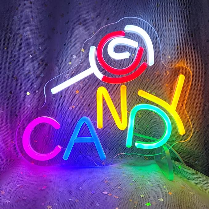 Candy Neon Sign Candy Bar Signs Candy Shop Neon Candy Sign Cherry Neon Sign Candy Display Snack Sign for Snack Sweet Shop Bedroom Birthday Party Decoration, 9.8"" x 8.1""
