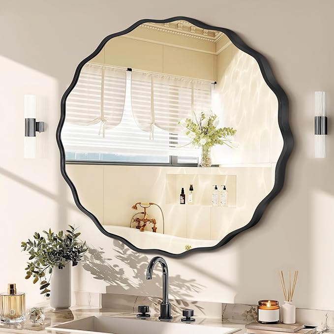 Black Round Mirror for Wall, 24"x24" Decorative Wavy Bathroom Mirror with Brushed Alloy Steel Frame & Shatter-Proof Glass, Hanging Circle Wall Mirrors for Bathroom, Entryway, Bedroom