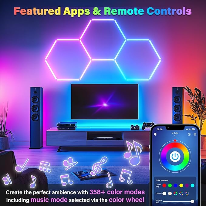 ALLYES Hexagon RGB Lights - Smart RGB LED Wall Lights with Music Sync, DIY Dimmable for Gaming Room, TV, Bedroom, Bar, Gym