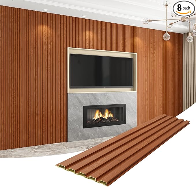 8-Pack WPC Wall Panels 108’’ x 6.3’’ 3D Slat Wall Panel Acoustic Wall Paneling for Interior Wall Decor TV Background Kitchen Bedroom Teak