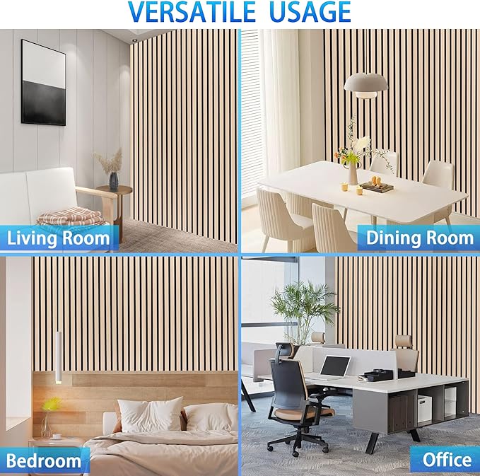 3D Slat Acoustic Wall Panels with Wood Finish Accent, 4 Pack Sound Absorbing Paneling for Studio, Office, Living Room, Bedroom Interior Decor (Natural Oak, 48''L x 24''W)